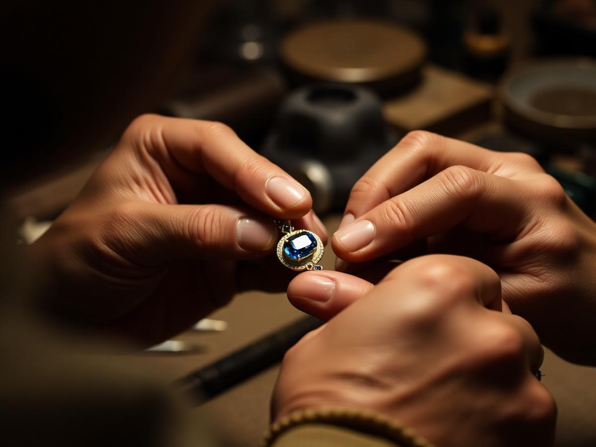 Artisan handcrafting a sapphire pendant